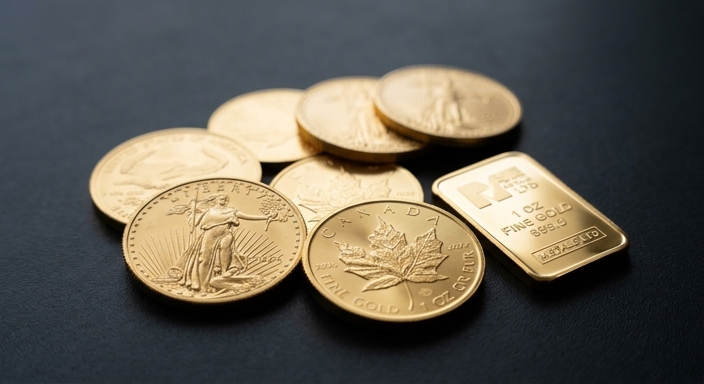 A close-up of various gold bullion coins and a gold bar on a dark professional background.