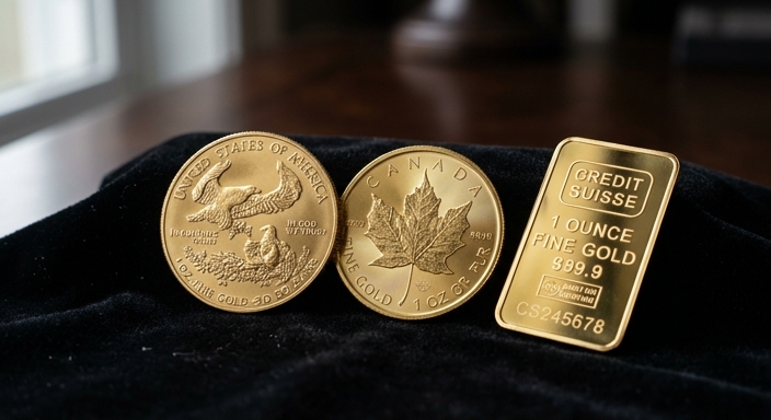 Close-up of gold bullion including an American Gold Eagle, Canadian Maple Leaf, and a one-ounce gold bar on dark velvet.