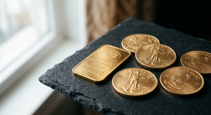 A collection of physical gold assets including a 1oz gold bar and various bullion coins on a dark, professional surface.