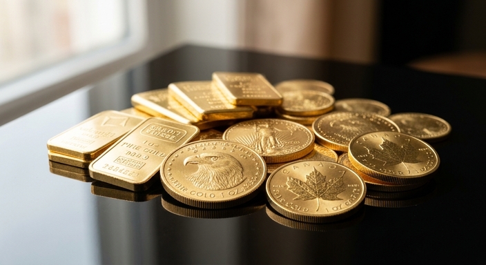 A collection of shiny 1oz gold bars and sovereign coins arranged on a reflective dark surface under soft natural light.