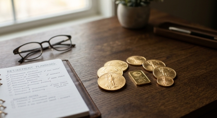 Close-up of gold coins and bars on a wooden desk next to reading glasses and a retirement planning document.