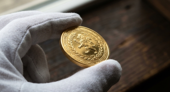 A close-up of a shiny gold bullion coin held with white cotton gloves to show detail and authenticity.