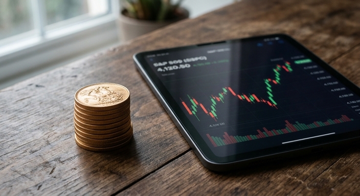 A split-screen view comparing a stack of physical gold sovereign coins to a digital stock market chart on a tablet screen.