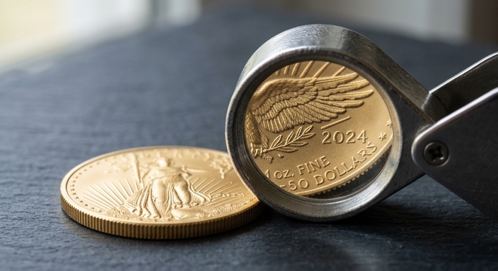 Macro shot of a jeweler's loupe magnifying the detailed wing feathers and date on a 1 oz gold American Eagle coin.