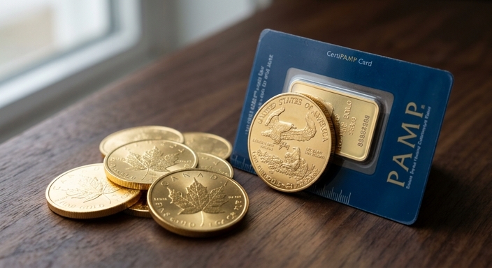 A collection of investment-grade gold including a Gold American Eagle coin, a PAMP Suisse bar in an assay card, and Canadian Maple Leaf coins on a wooden surface.